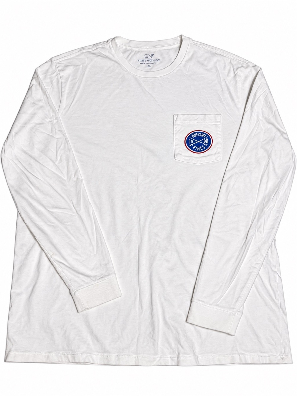 Vineyard Vines White Long Sleeve Pocket Tee with Blue Patch